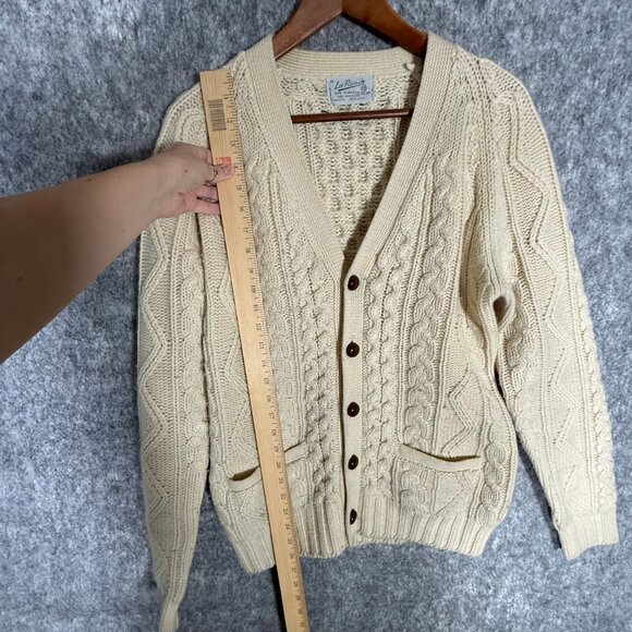 Vintage Men's 100% Cream Wool Cable Knit Cardigan Fisherman V Neck Coastal M - Picture 6 of 8